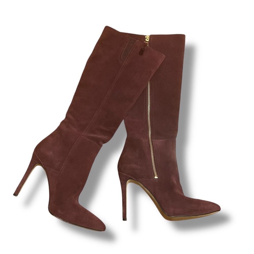 Michael Kors Burgundy Suede Knee High Heeled Boots w Gold Hardware